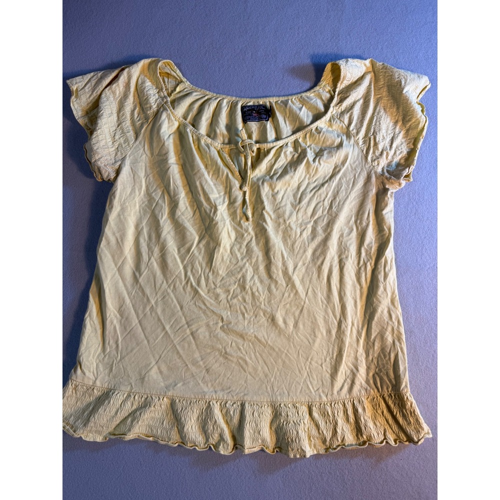 American Living Womens Yellow Smocked Peasant Blouse Keyhole Tie Top Large